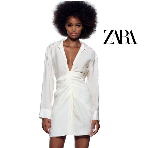 Zara Dresses & Skirts - Zara White Draped Lyocell Long Sleeve Deep V Neck Mini DressSexy ( New- No tags)